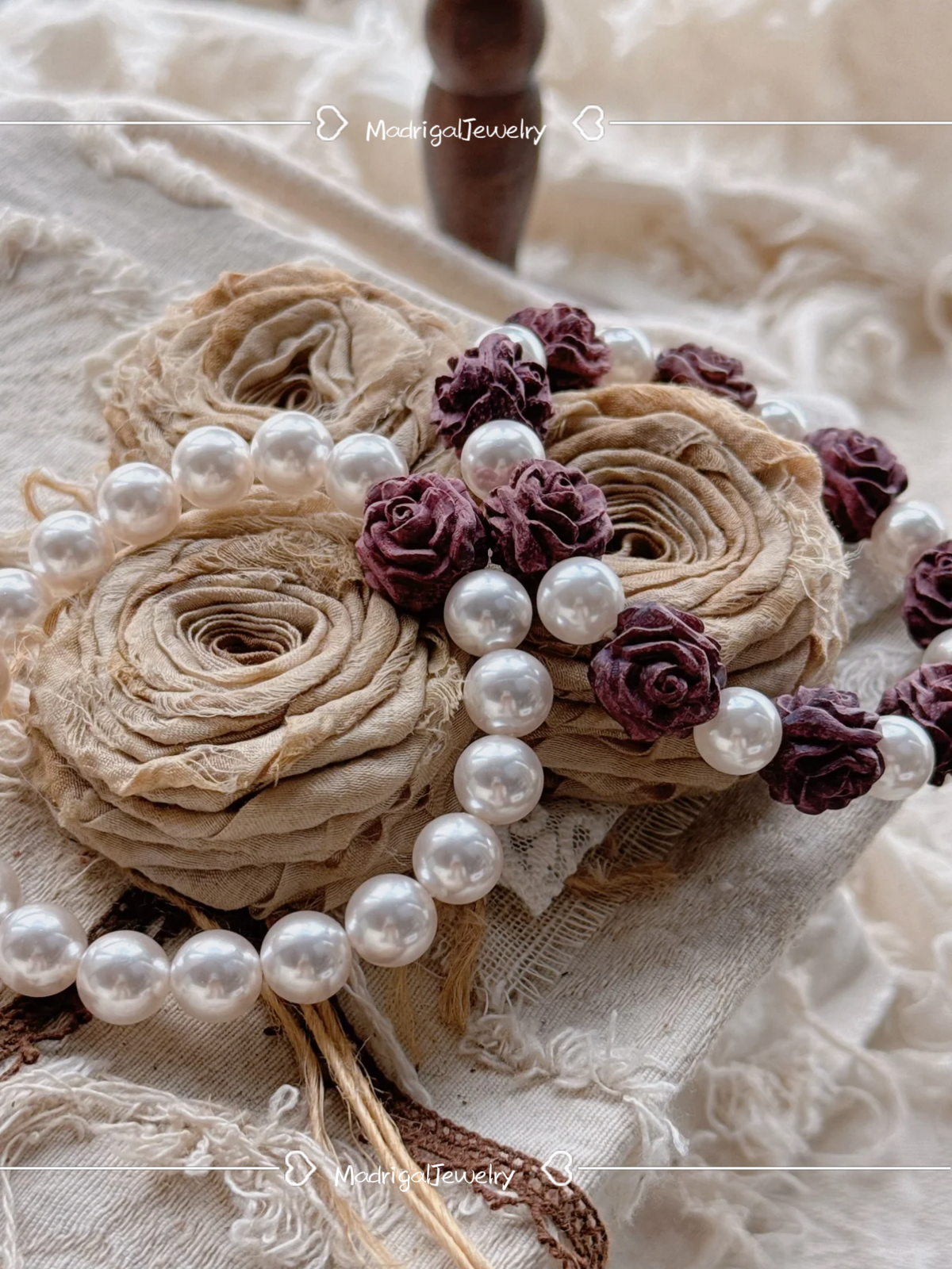 Rose Manor Handmade Purple Wood and Pearl Bracelet