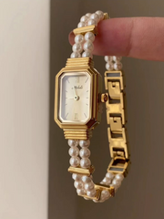 Rectangular Double-layer Pearl Gold Watch