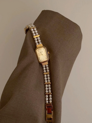 Rectangular Double-layer Pearl Gold Watch