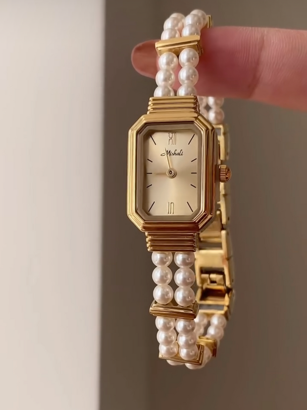 Rectangular Double-layer Pearl Gold Watch