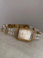 Rectangular Double-layer Pearl Gold Watch
