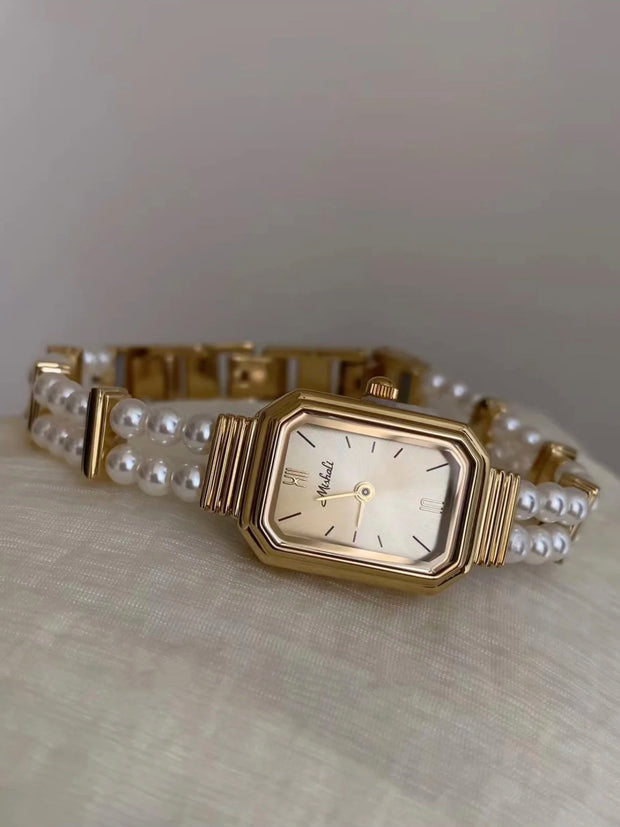 Rectangular Double-layer Pearl Gold Watch