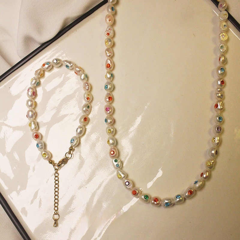natural baroque pearl and gemstone rainbow bracelet & necklace