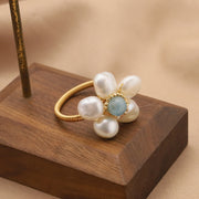natural pearls & sea-blue gem adjustable ring