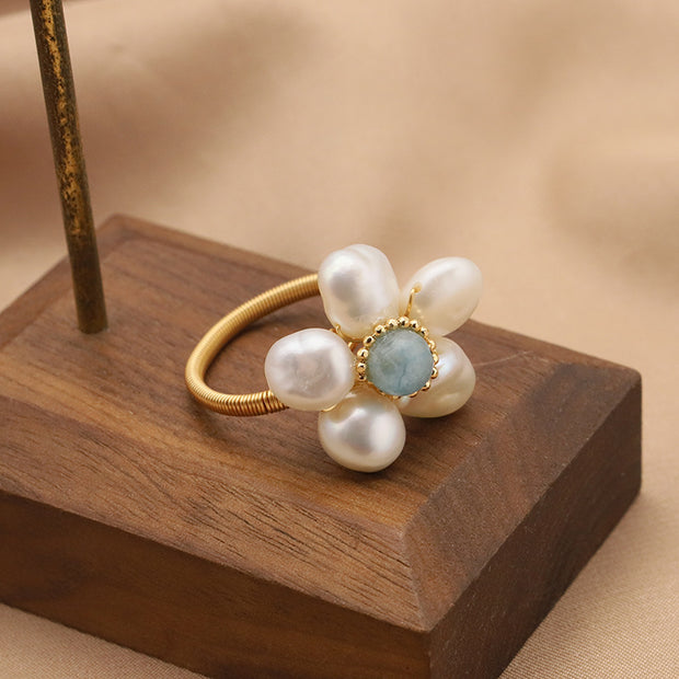 natural pearls & sea-blue gem adjustable ring