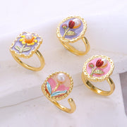 vintage natural pearl flower oil painting ring set of 4