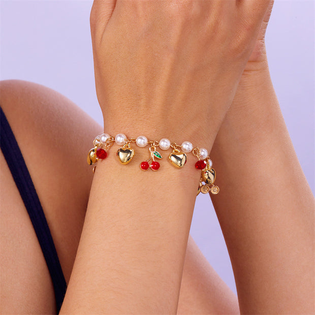 Cute Wild Summer Cherry Love Strawberry Pearl Crystal Bracelet