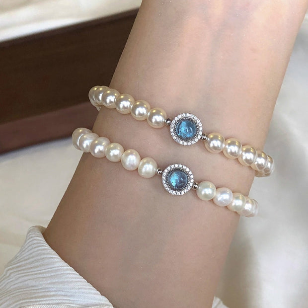 S925 Sterling Silver Aquamarine Natural Freshwater Pearl Bracelet