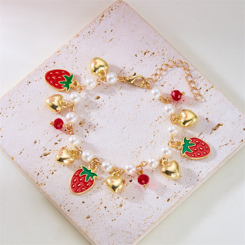 cute wild summer cherry love strawberry pearl crystal bracelet