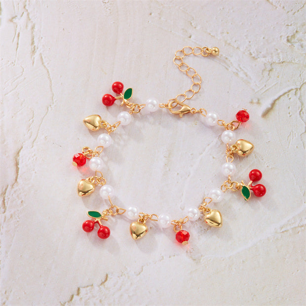 Cute Wild Summer Cherry Love Strawberry Pearl Crystal Bracelet