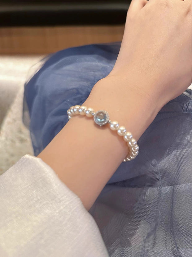 S925 Sterling Silver Aquamarine Natural Freshwater Pearl Bracelet