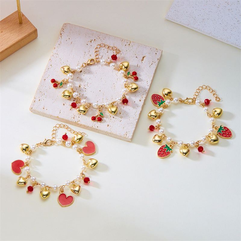 cute wild summer cherry love strawberry pearl crystal bracelet