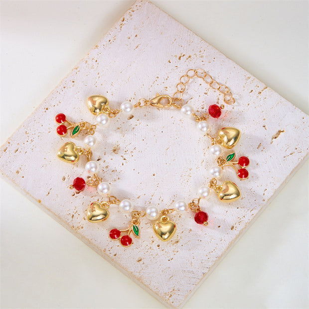 Cute Wild Summer Cherry Love Strawberry Pearl Crystal Bracelet