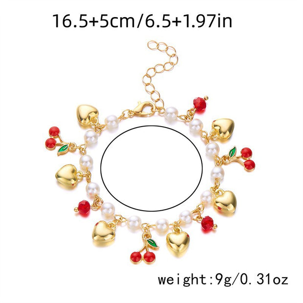 Cute Wild Summer Cherry Love Strawberry Pearl Crystal Bracelet