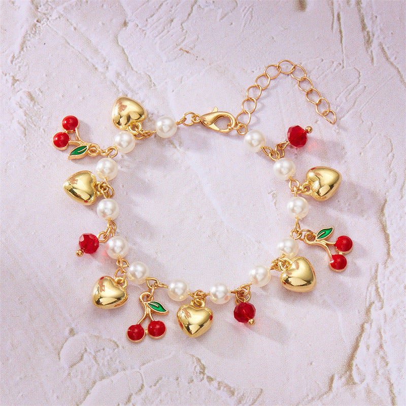 cute wild summer cherry love strawberry pearl crystal bracelet