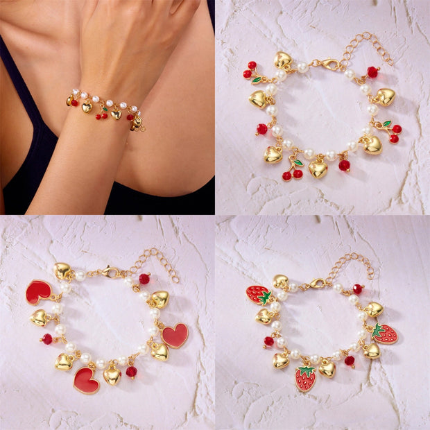 Cute Wild Summer Cherry Love Strawberry Pearl Crystal Bracelet