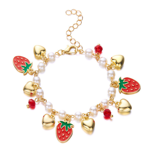 Cute Wild Summer Cherry Love Strawberry Pearl Crystal Bracelet