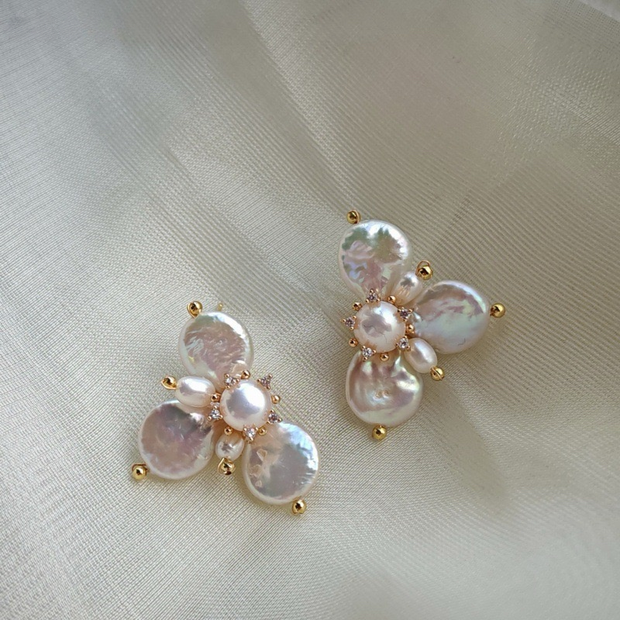 one-of-a-kind baroque pearl flower earrings