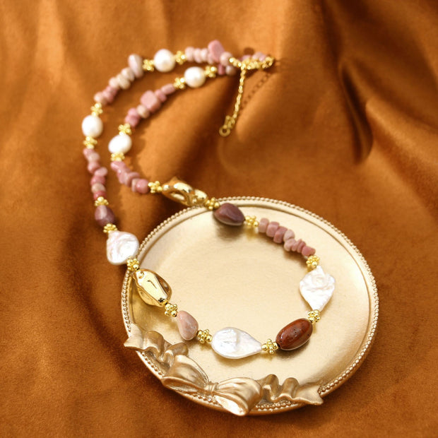 Original Rose Stone Baroque Freshwater Pearl Necklace