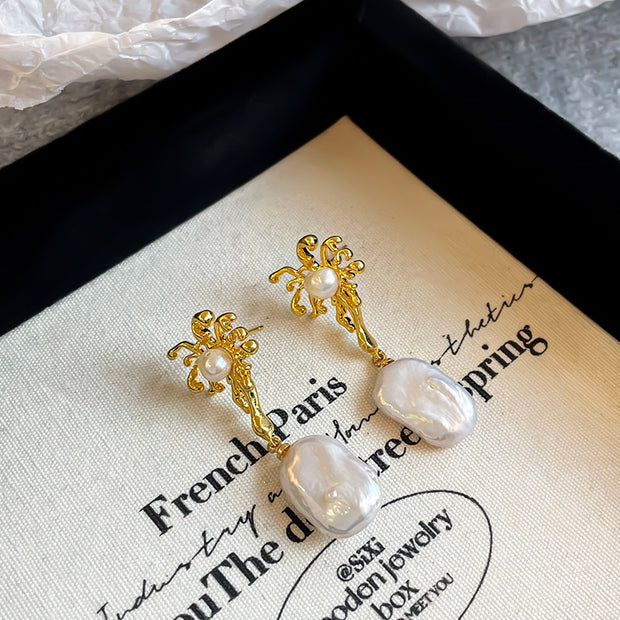 Baroque Pearl Tassel Earrings Long Style Silver