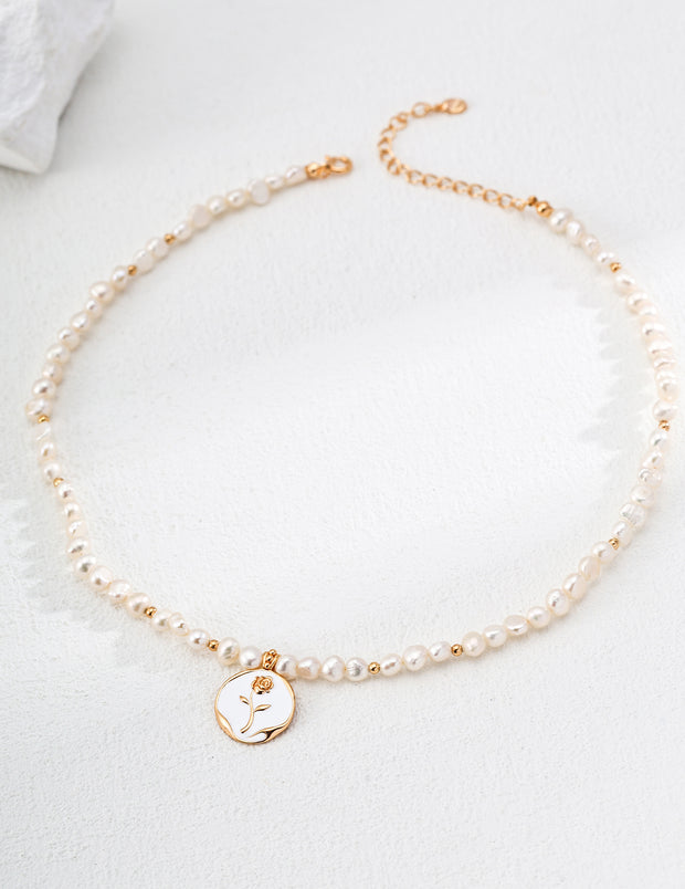 silver simple natural pearl glaze rose pendant necklace