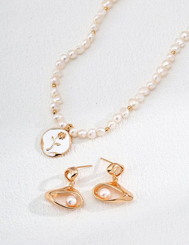 silver simple natural pearl glaze rose pendant necklace