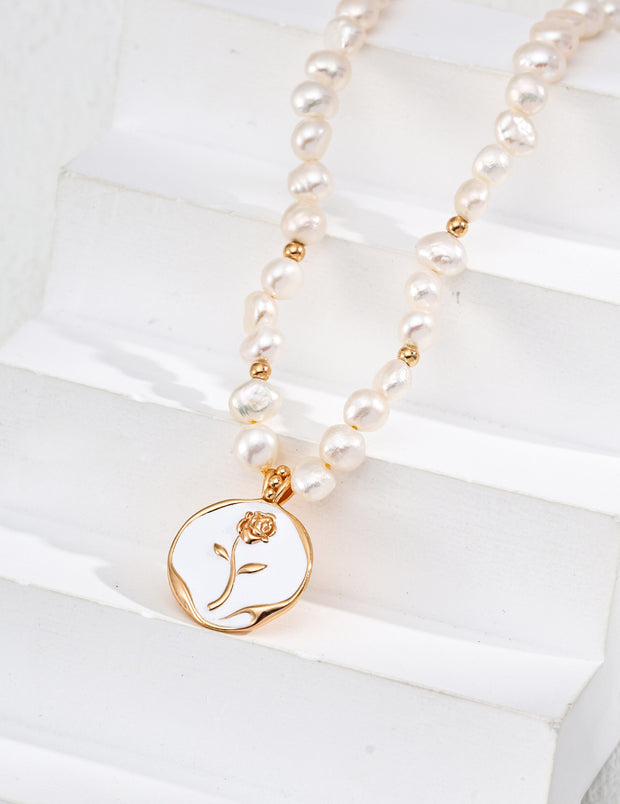 silver simple natural pearl glaze rose pendant necklace