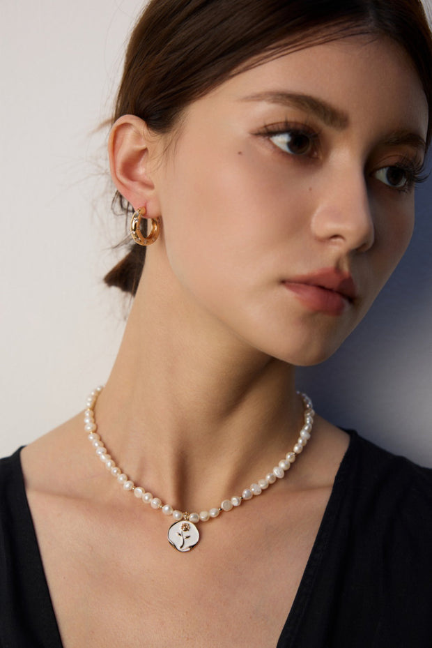 silver simple natural pearl glaze rose pendant necklace