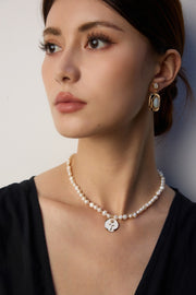 silver simple natural pearl glaze rose pendant necklace