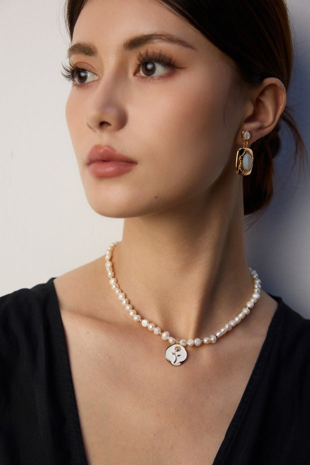 silver simple natural pearl glaze rose pendant necklace
