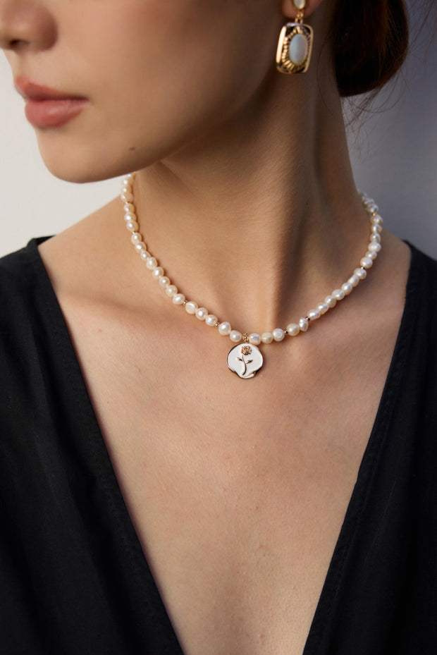 silver simple natural pearl glaze rose pendant necklace