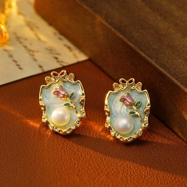 baroque pearl oil painting dripping glaze flowers earrings